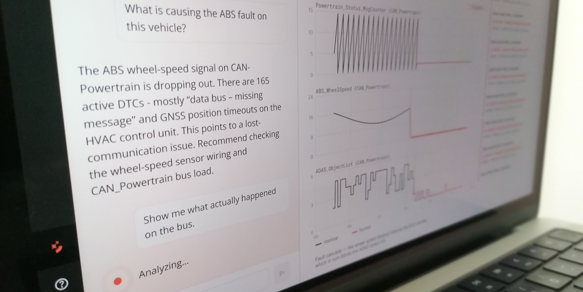 A laptop showing an AI engineering assistant: a text answer diagnosing an ABS fault, next to signal-trace charts revealing the actual fault cascade across the CAN bus.