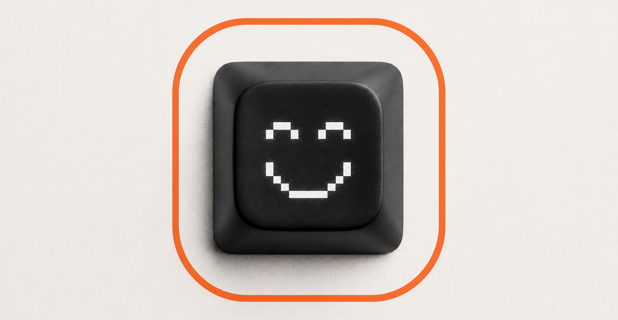 AI engineering copilot: a black keyboard key with a smiling pixel face inside an orange rounded outline