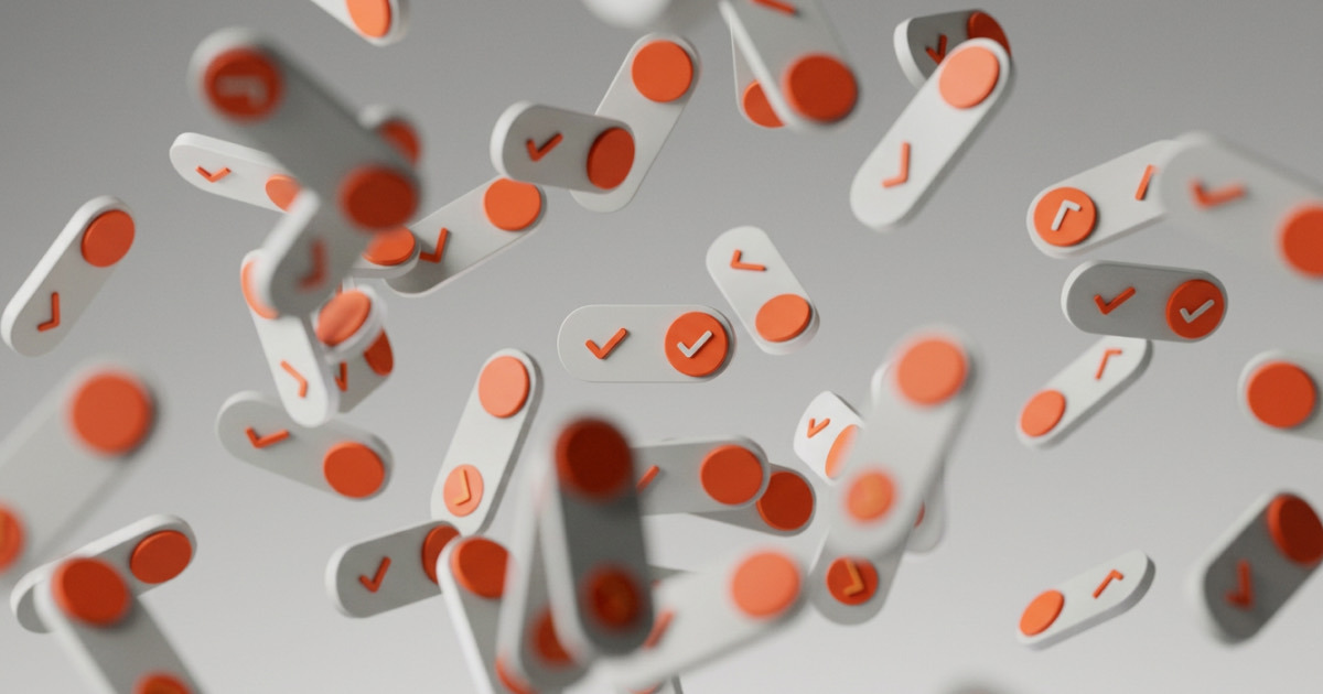 White toggle switches with orange check marks floating in the air, representing requirements being reviewed and confirmed one by one