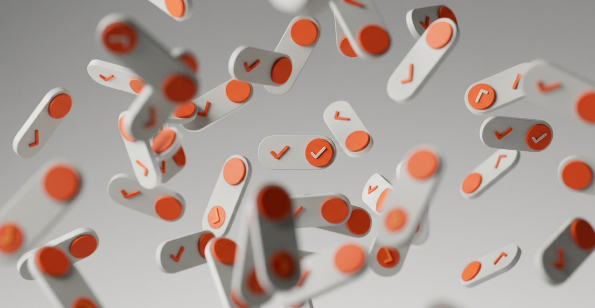 White toggle switches with orange check marks floating in the air, representing requirements being reviewed and confirmed one by one