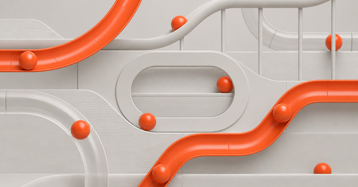 Change impact analysis: orange signal paths flowing one way through a light-grey connected system