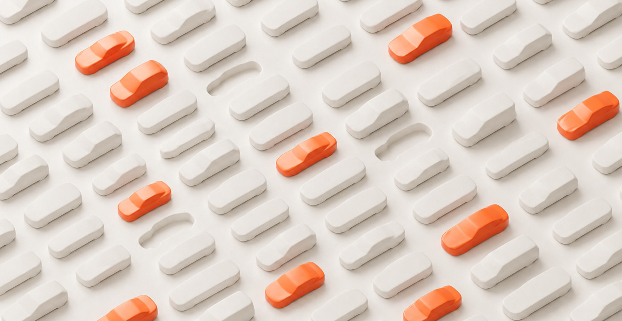 Engineering intelligence for automotive: a grid of white cars with several orange cars standing out as one connected fleet