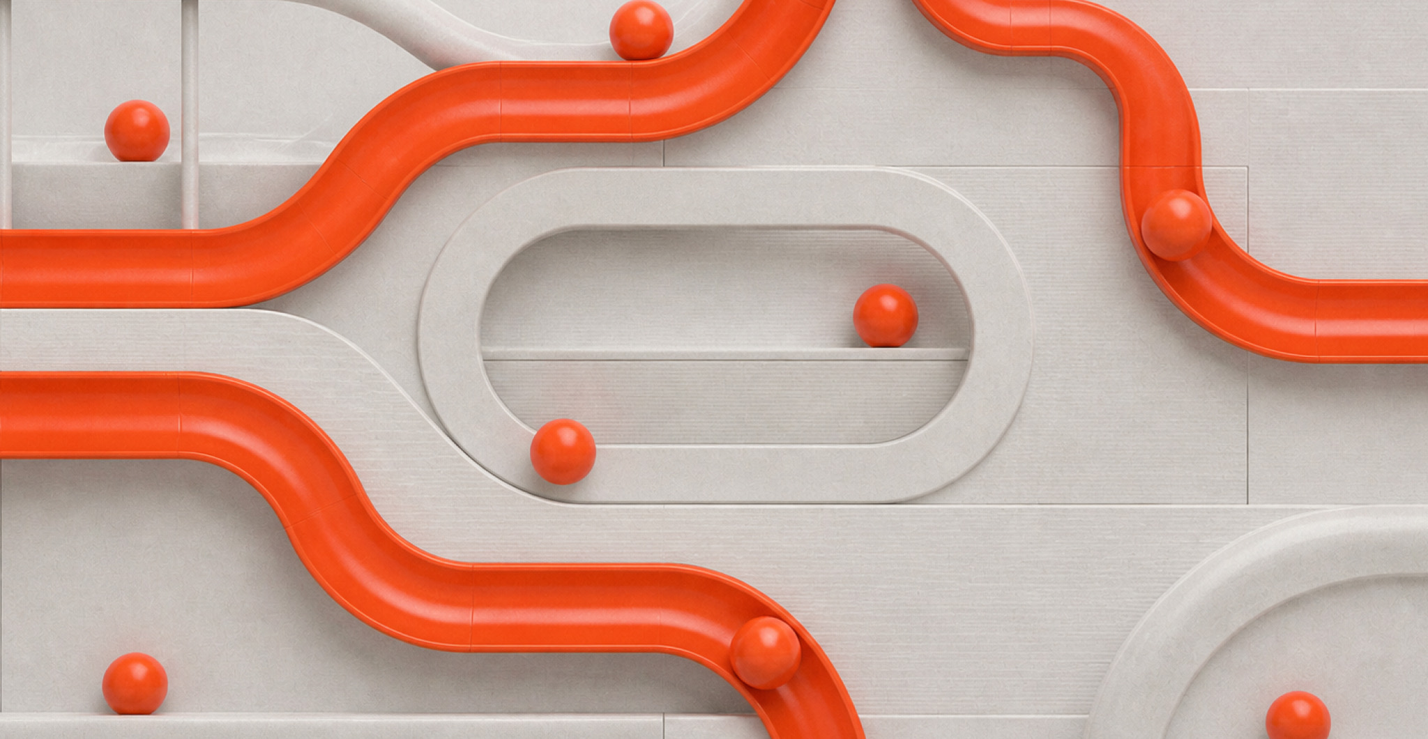 Orange marble-run tracks connecting spheres across a white surface, representing engineering intelligence connecting engineering data versus isolated BI metrics