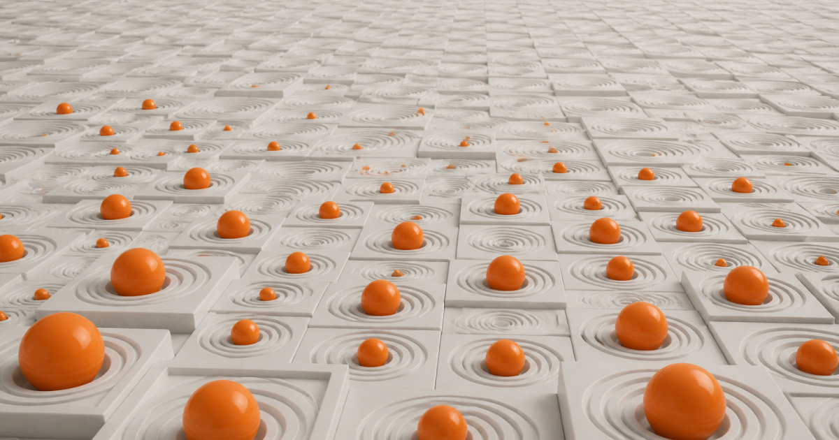 Grid of white tiles with concentric traceability rings, each holding an orange sphere, representing ISO 26262 compliance evidence connected across engineering systems