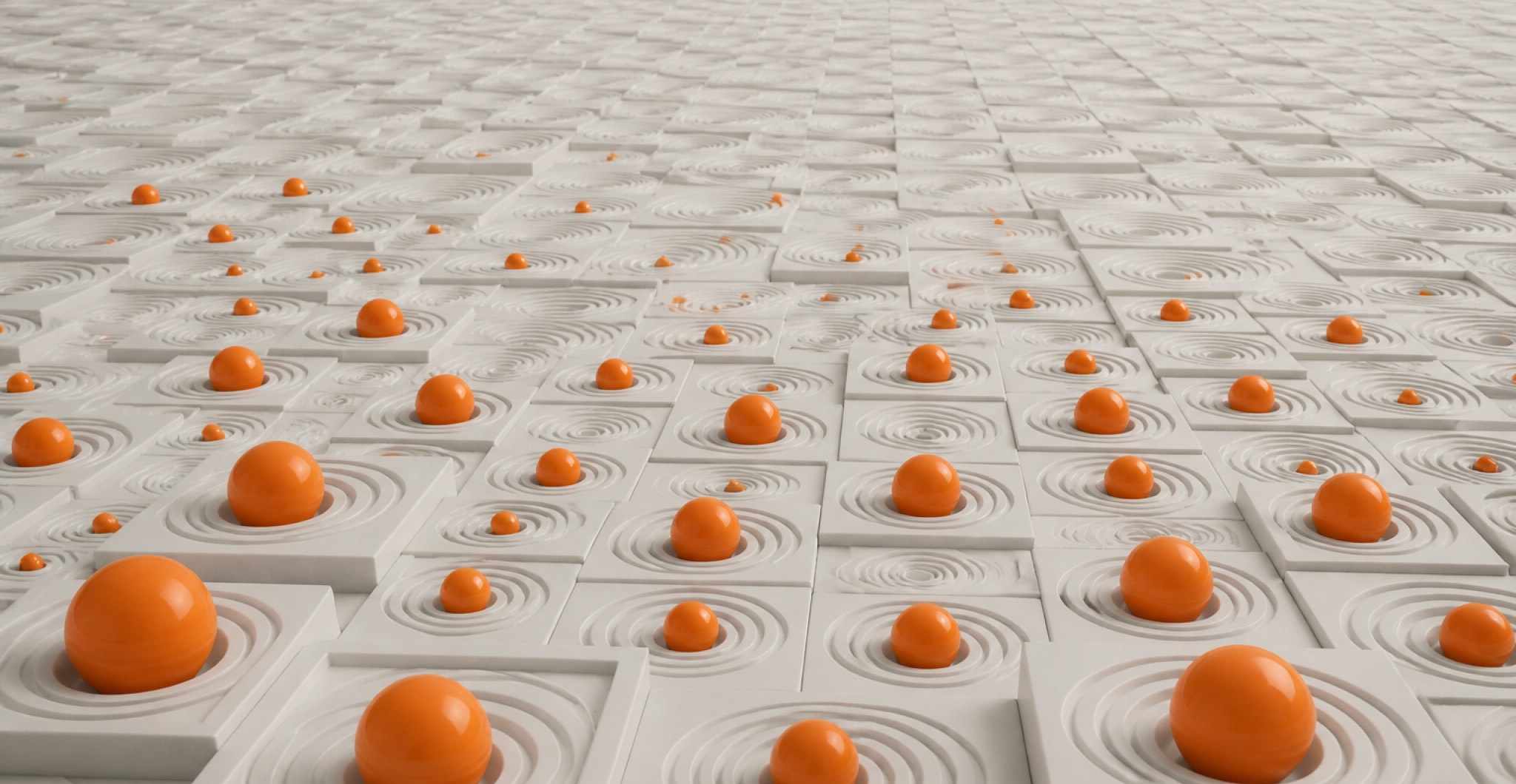 Grid of white tiles with concentric traceability rings, each holding an orange sphere, representing ISO 26262 compliance evidence connected across engineering systems