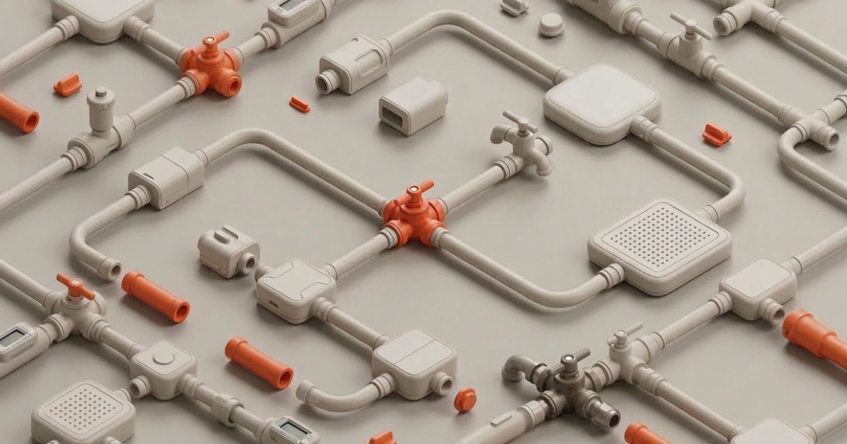 Isometric network of white pipes and valves with orange connectors linking separate lines into one system, representing PLM modernization through a connected overlay