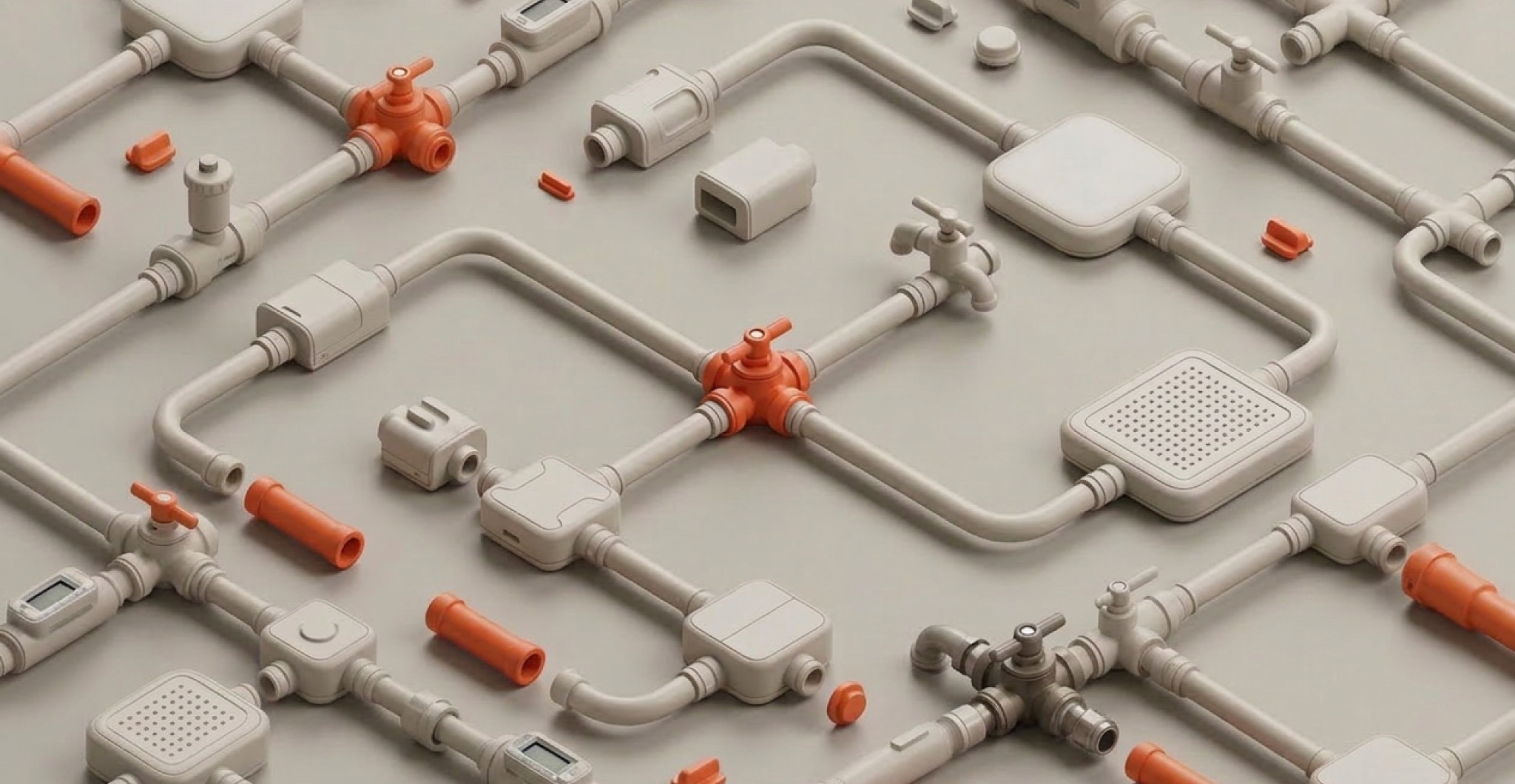 Isometric network of white pipes and valves with orange connectors linking separate lines into one system, representing PLM modernization through a connected overlay