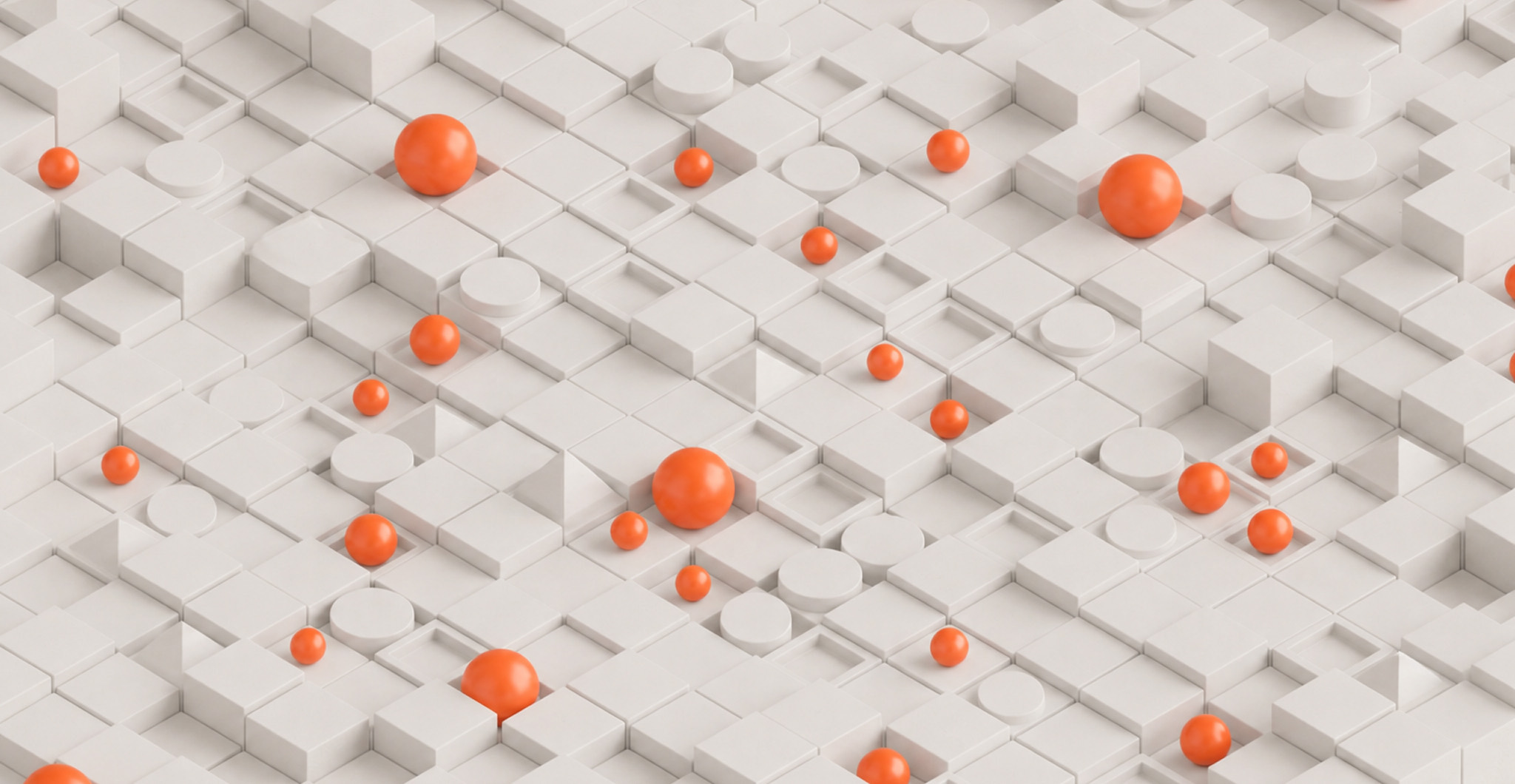 Warranty data analytics: orange spheres standing out as repeat-failure patterns across a grid of white data blocks