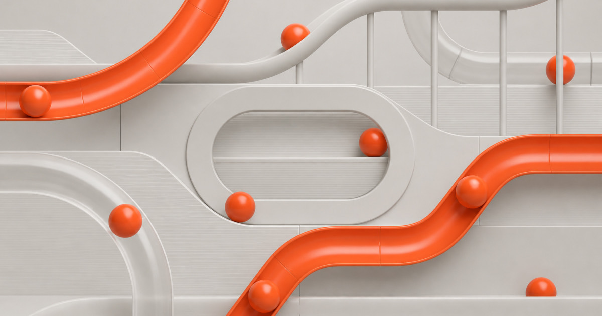 Orange marble-run tracks weaving through a white maze wall, each ball tracing its path to a single destination, representing warranty root cause analysis