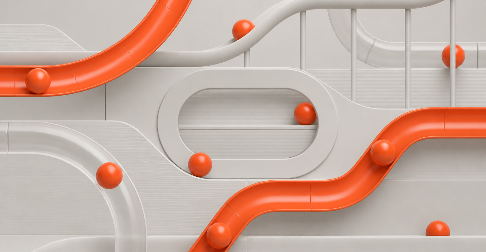 Orange marble-run tracks weaving through a white maze wall, each ball tracing its path to a single destination, representing warranty root cause analysis