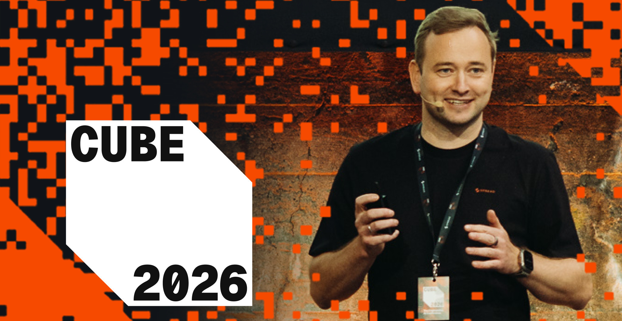Robert Goebel speaking at CUBE 2026, with the CUBE 2026 pixel branding