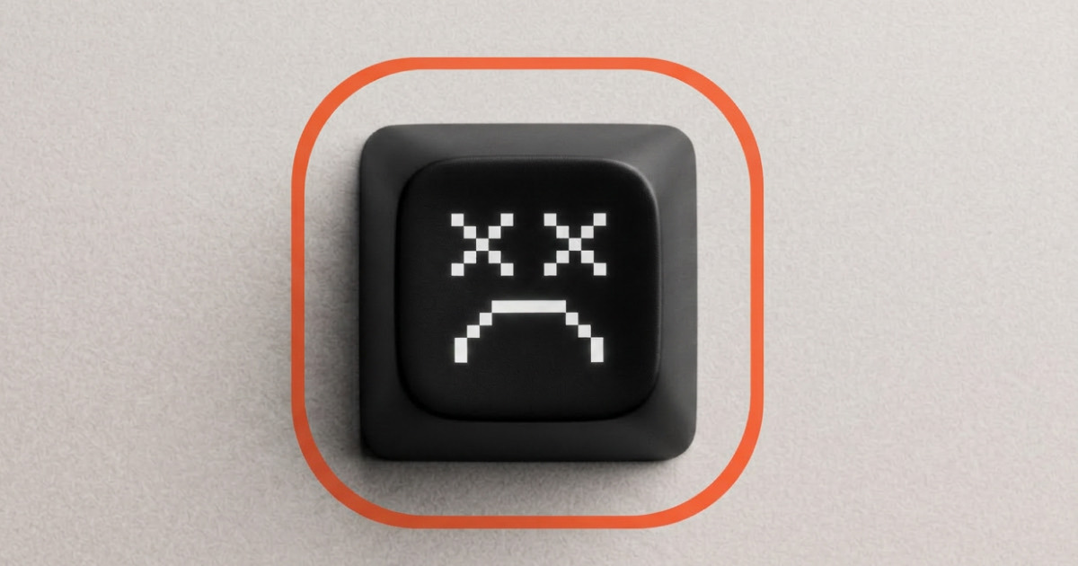 A black keyboard key with a pixelated crashed-face icon inside an orange rounded frame, representing failed AI pilots in systems engineering