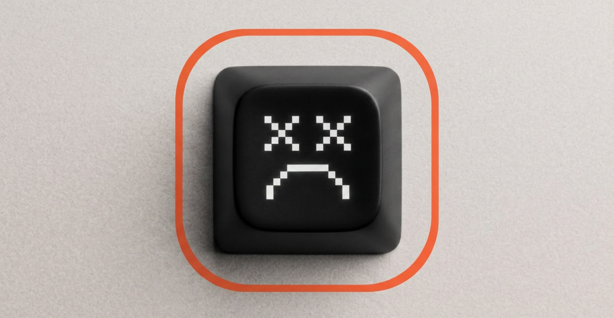 A black keyboard key with a pixelated crashed-face icon inside an orange rounded frame, representing failed AI pilots in systems engineering
