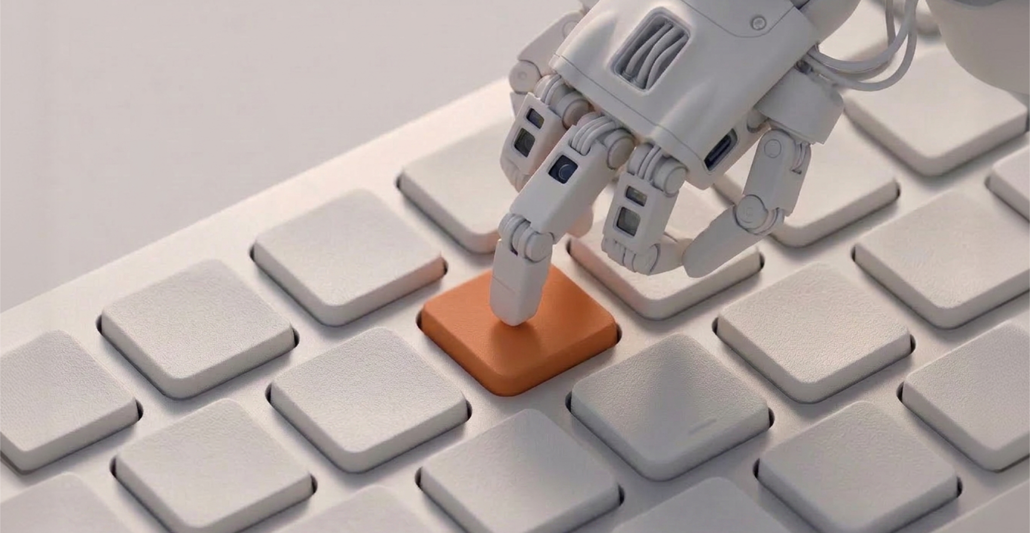 A white robotic hand pressing a single orange key on a white keyboard, representing AI-assisted engineering intelligence